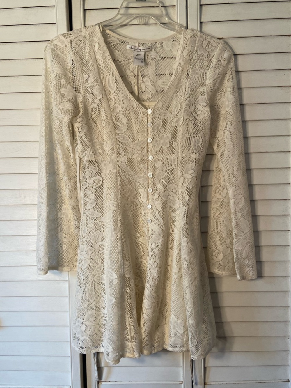 American Rag Cream Lace Button-Front Long Sleeve Mini Dress